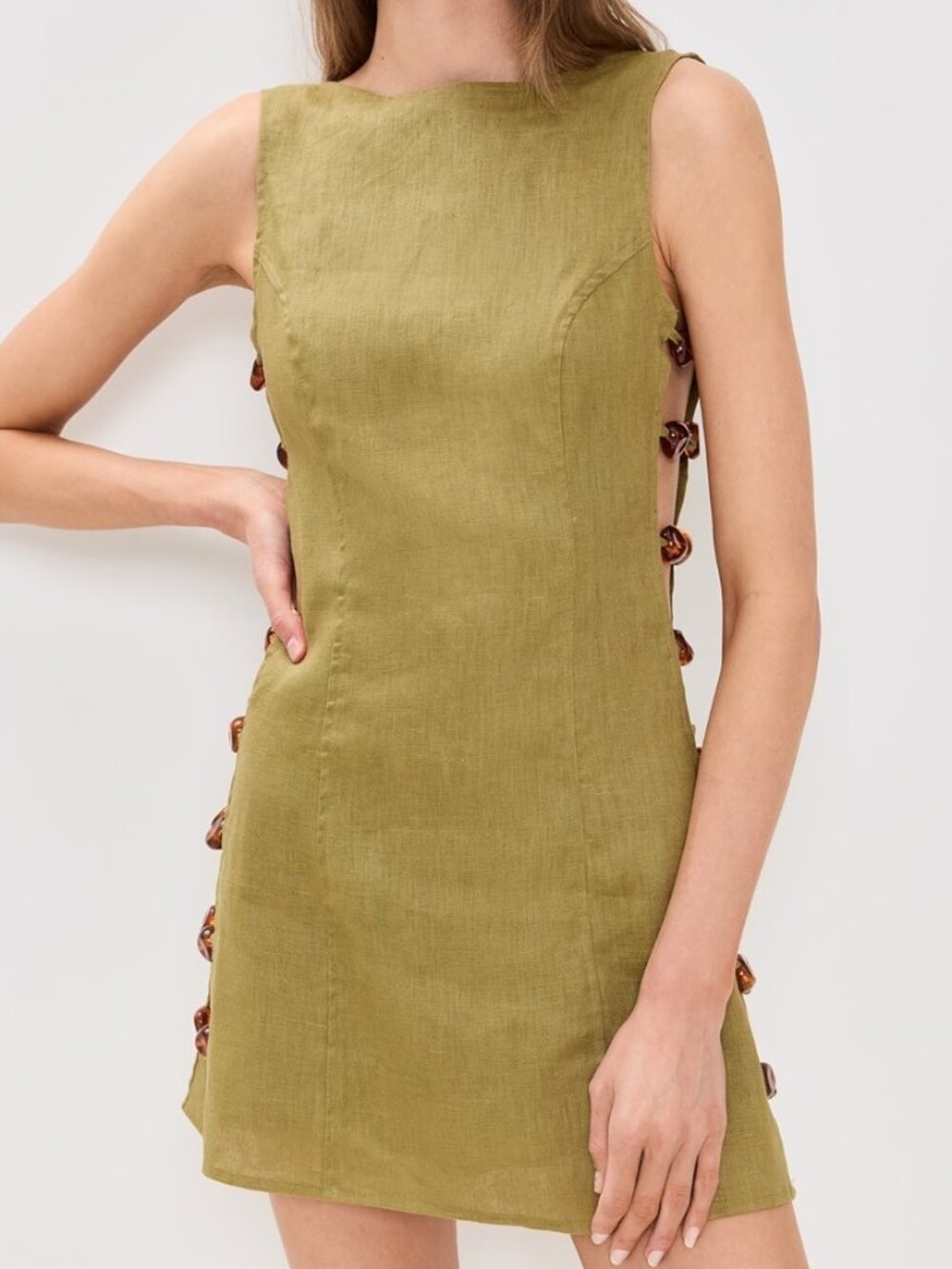 VRG GRL Tia Linen Mini Dress - Olive - Size US 4 / AUS 8 (Small)
